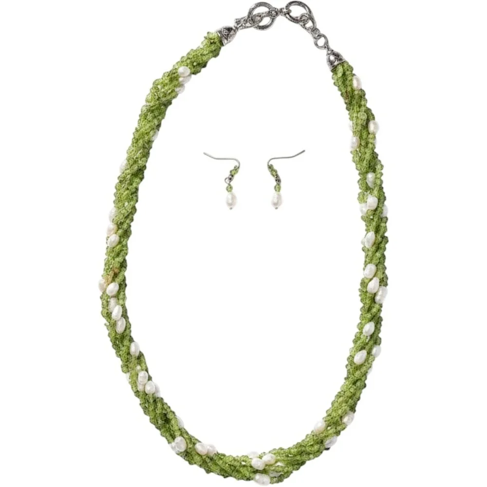 Peridot and Freshwater Pearl Twisted Necklace and Drop Earring Jewelry Set Green